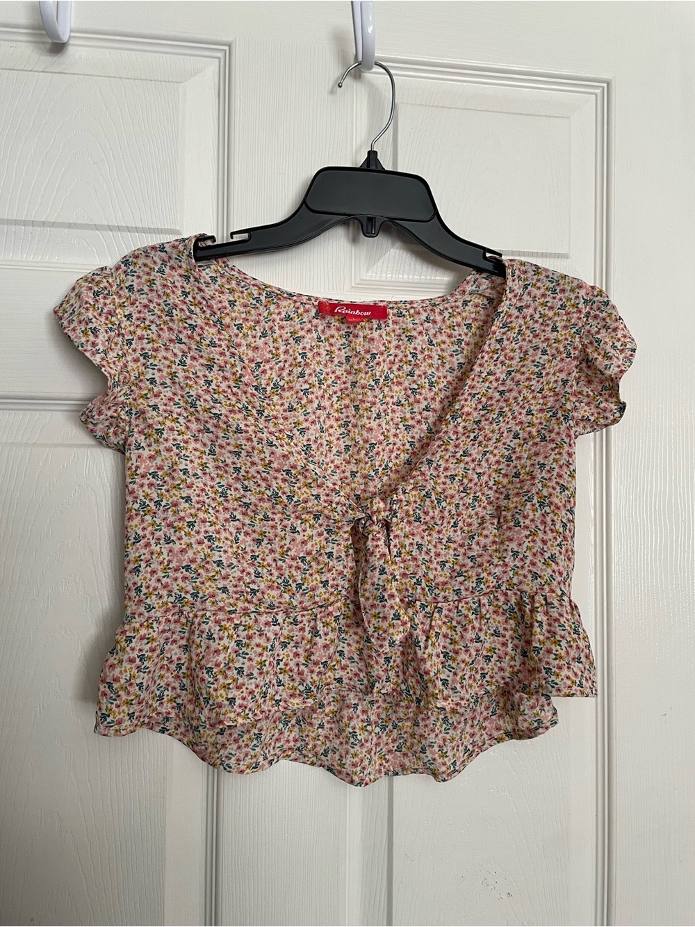 Rainbow size Large Floral Tie-Front Crop Top - Pink Multicolor